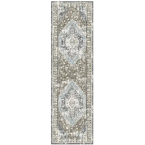 8' Gray Beige and Blue Geometric Distressed Runner Rug With Fringe Photo 1