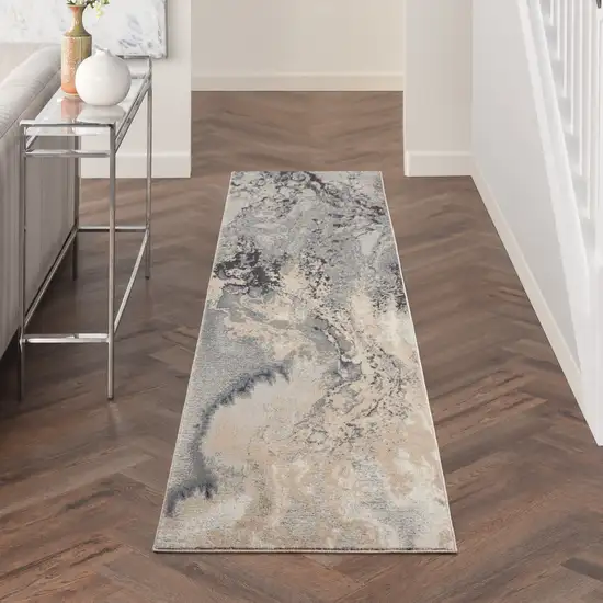 10' Gray Beige and Ivory Abstract Non Skid Runner Rug Photo 6