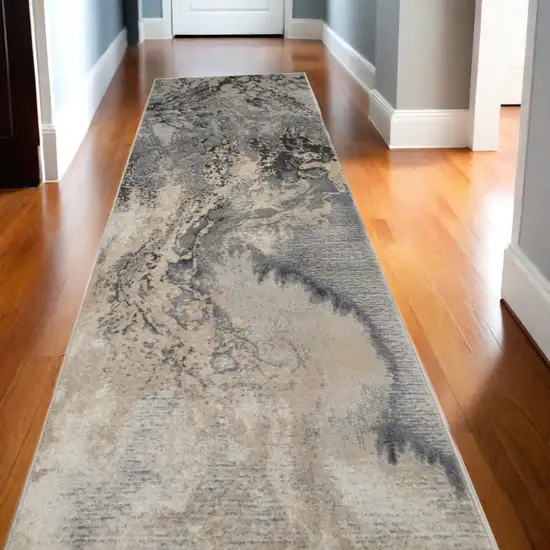 12' Gray Beige and Ivory Abstract Non Skid Runner Rug Photo 2