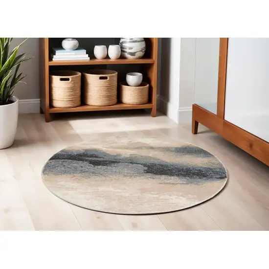 5' Gray Black and Beige Abstract Non Skid Round Rug Photo 1