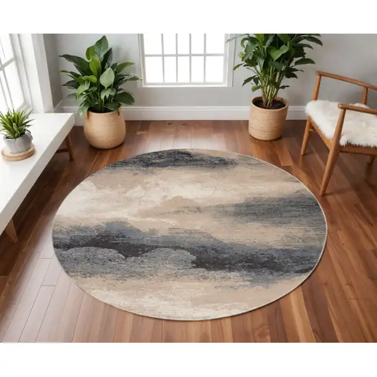 8' Gray Black and Beige Abstract Non Skid Round Rug Photo 1