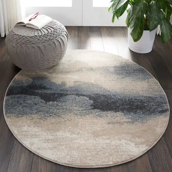 4' Gray Black and Beige Abstract Round Rug Photo 7