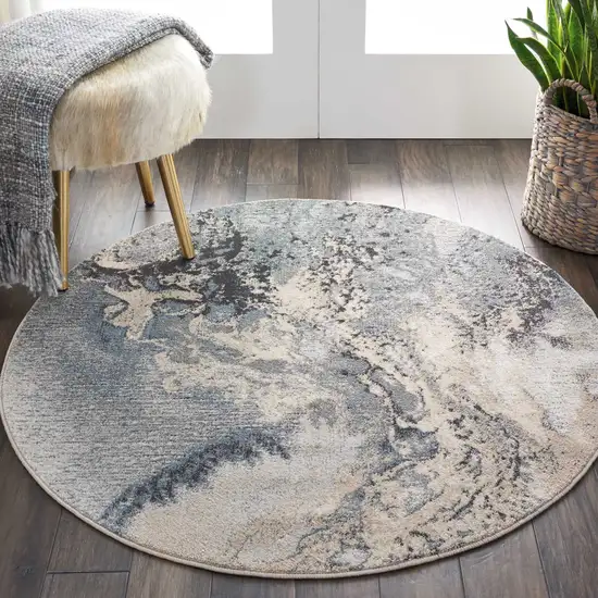 4' Gray Black and Ivory Abstract Round Rug Photo 7