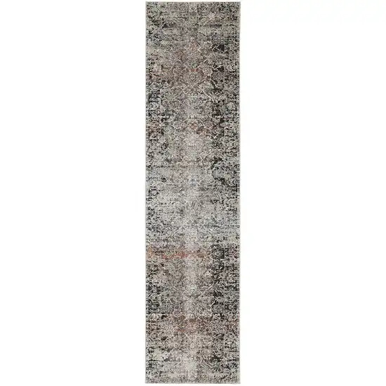 10' Gray Black and Red Oriental Power Loom Distressed Runner Rug With Fringe Photo 5