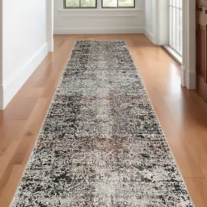 Photo of 10' Gray Black and Red Oriental Power Loom Distressed Runner Rug With Fringe