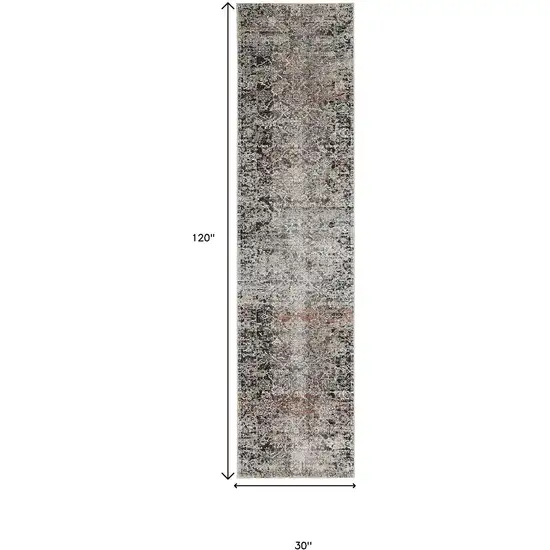 10' Gray Black and Red Oriental Power Loom Distressed Runner Rug With Fringe Photo 3