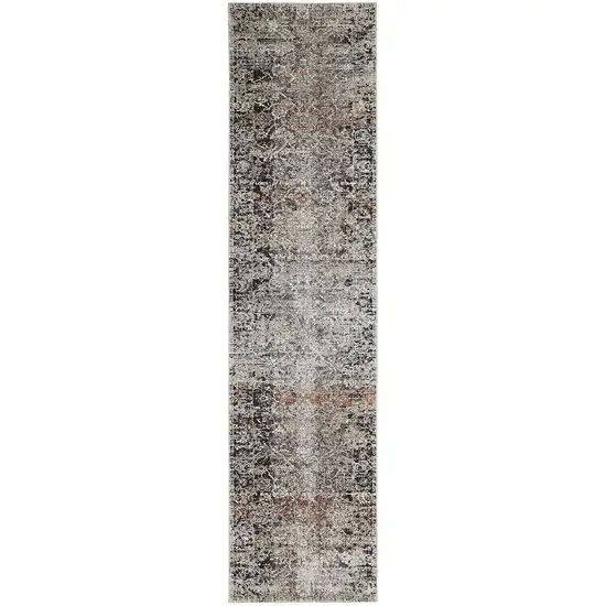 10' Gray Black and Red Oriental Power Loom Distressed Runner Rug With Fringe Photo 2