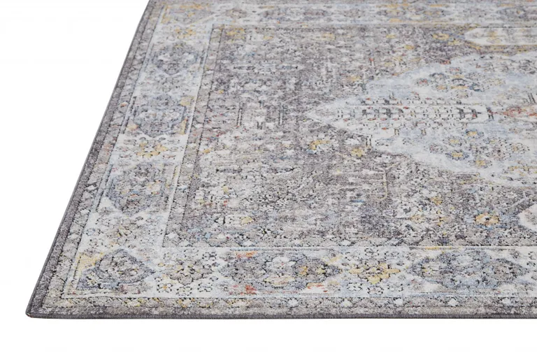 8' Gray Blue And Gold Floral Stain Resistant Runner Rug Photo 2