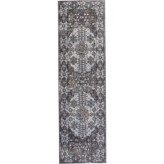 8' Gray Blue And Gold Floral Stain Resistant Runner Rug Photo 1