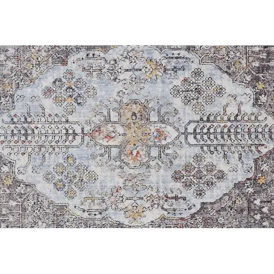 8' Gray Blue And Gold Floral Stain Resistant Runner Rug Photo 4