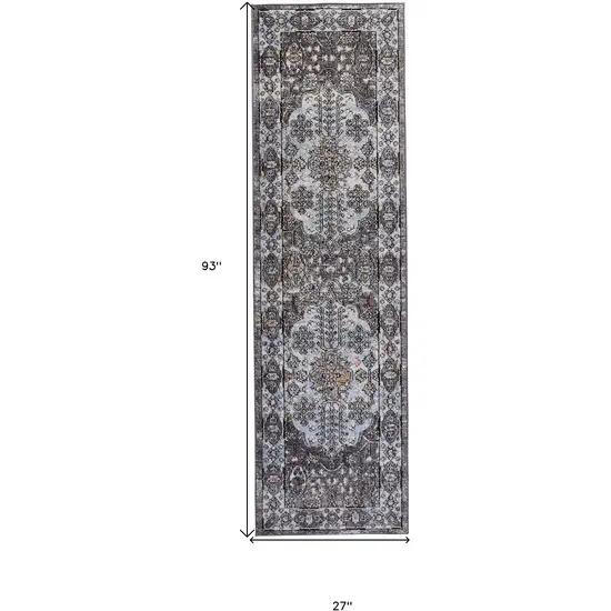 8' Gray Blue And Gold Floral Stain Resistant Runner Rug Photo 8