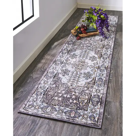 8' Gray Blue And Gold Floral Stain Resistant Runner Rug Photo 7