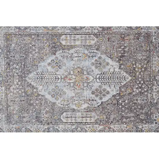 8' Gray Blue And Gold Floral Stain Resistant Runner Rug Photo 5