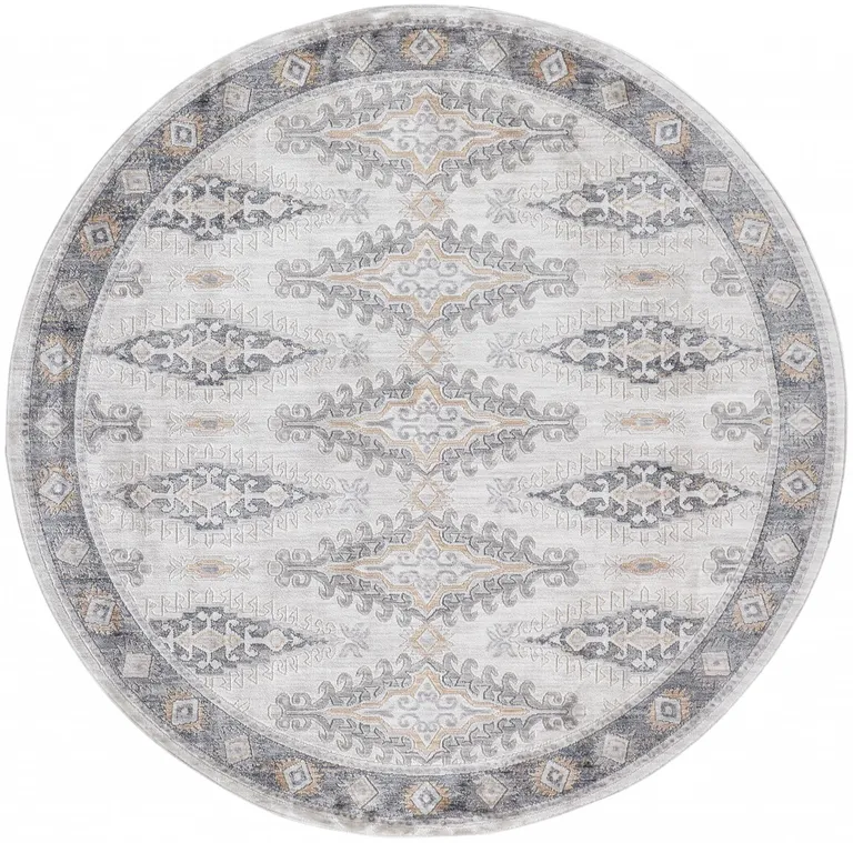 6' Gray Blue And Orange Round Floral Stain Resistant Area Rug Photo 1