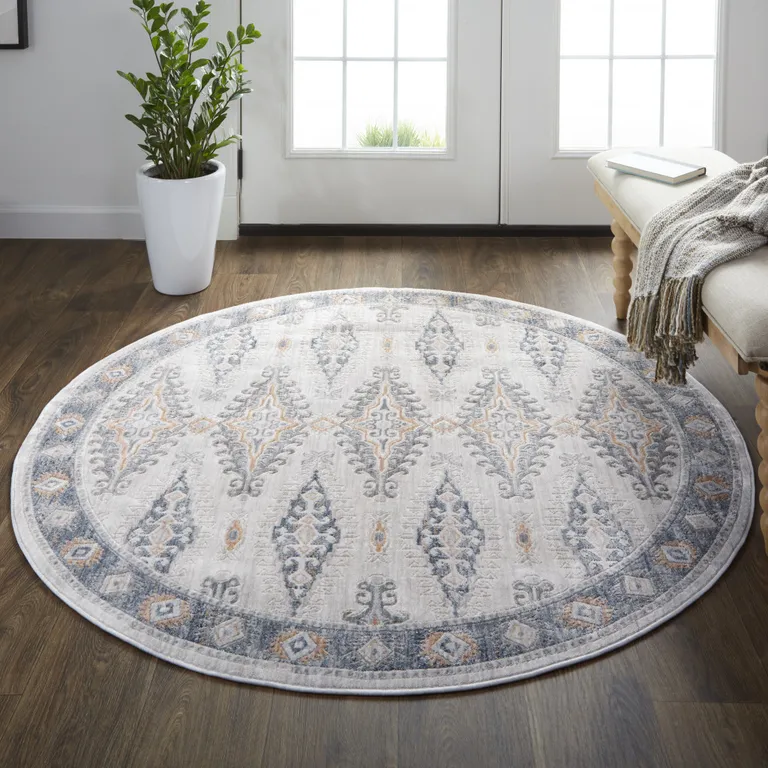 6' Gray Blue And Orange Round Floral Stain Resistant Area Rug Photo 3