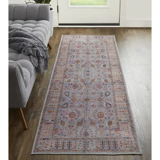 8' Gray Blue And Red Floral Power Loom Runner Rug Photo 5