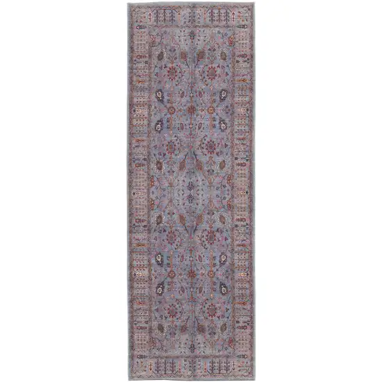 8' Gray Blue And Red Floral Power Loom Runner Rug Photo 1