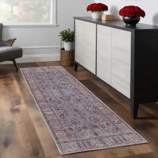 8' Gray Blue And Red Floral Power Loom Runner Rug Photo 1