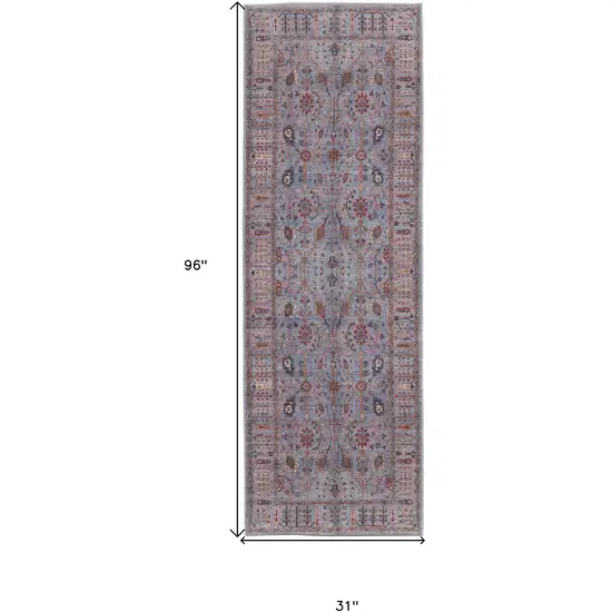 8' Gray Blue And Red Floral Power Loom Runner Rug Photo 7