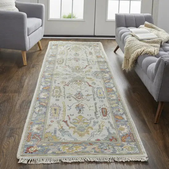 8' Gray Blue and Gold Wool Oriental Hand Knotted Runner Rug With Fringe Photo 7