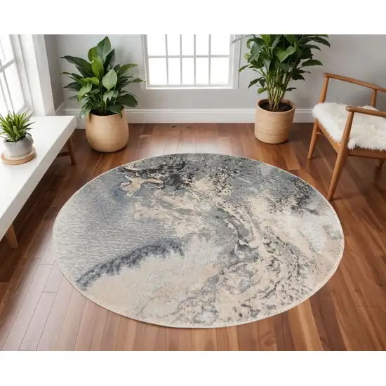 5' Gray Blue and Ivory Abstract Round Rug Photo 1