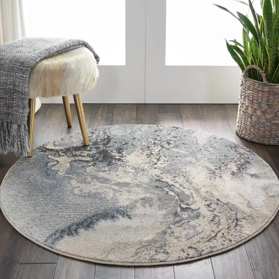 5' Gray Blue and Ivory Abstract Round Rug Photo 8