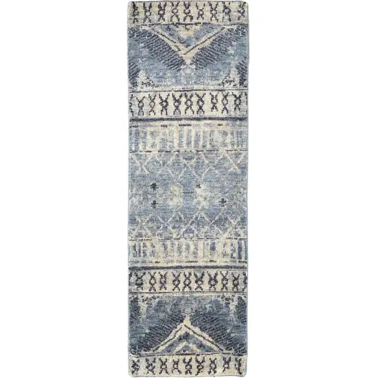 8' Gray Blue and Ivory Wool Floral Hand Knotted Runner Rug Photo 2