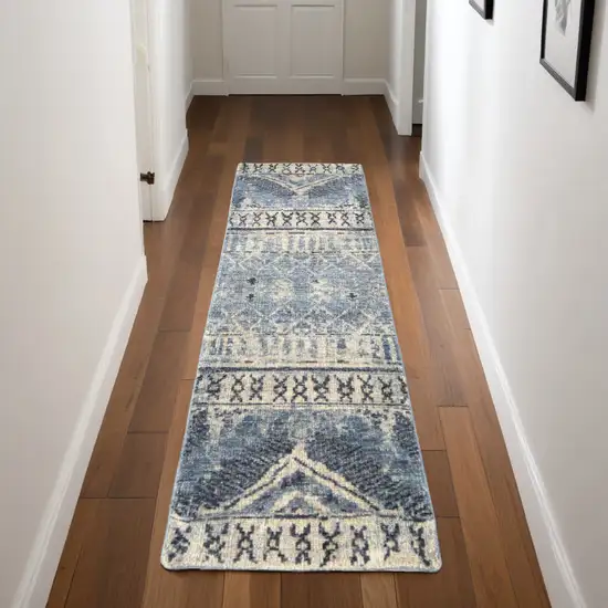 8' Gray Blue and Ivory Wool Floral Hand Knotted Runner Rug Photo 1