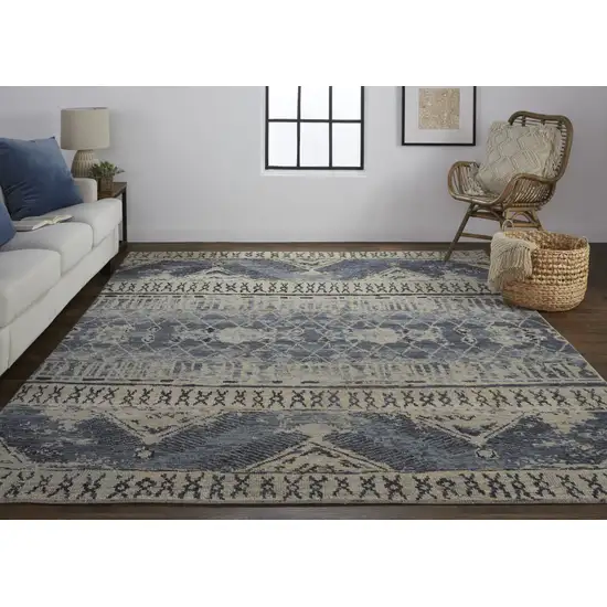 8' Gray Blue and Ivory Wool Floral Hand Knotted Runner Rug Photo 4