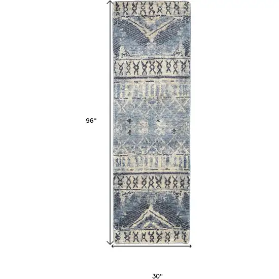 8' Gray Blue and Ivory Wool Floral Hand Knotted Runner Rug Photo 3