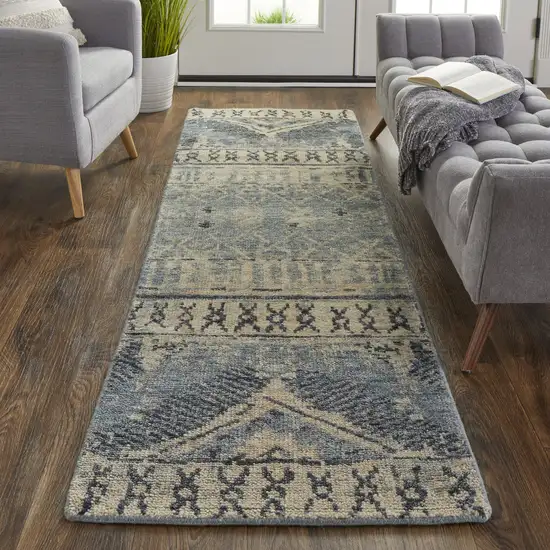 8' Gray Blue and Ivory Wool Floral Hand Knotted Runner Rug Photo 5