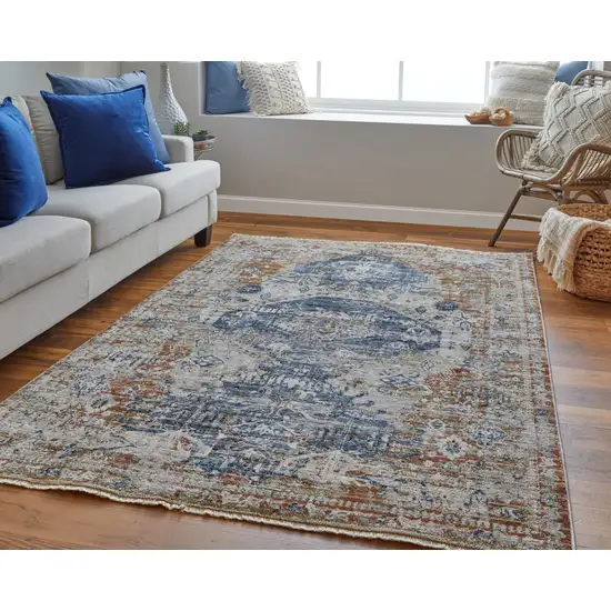 10' Gray Blue and Orange Oriental Power Loom Worn Faded Runner Rug With Fringe Photo 5