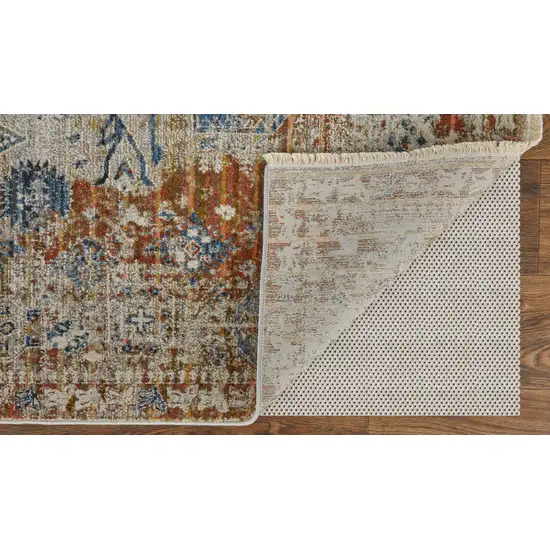 12' Gray Blue and Orange Oriental Power Loom Worn Faded Runner Rug With Fringe Photo 4