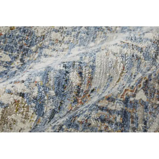 12' Gray Blue and Orange Oriental Power Loom Worn Faded Runner Rug With Fringe Photo 8