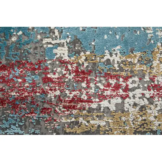 10' Gray Blue and Red Abstract Power Loom Runner Rug With Fringe Photo 8