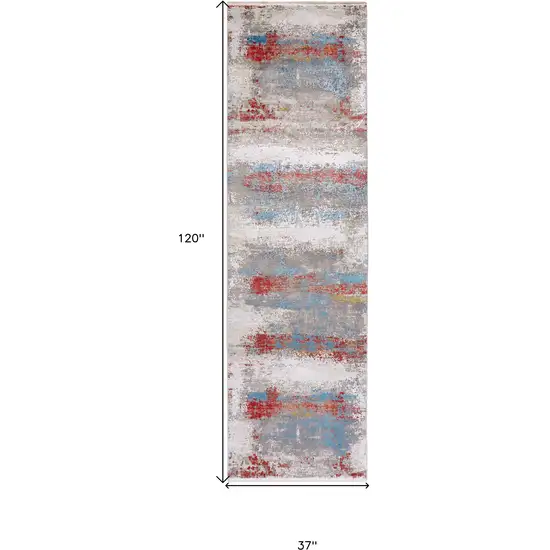 10' Gray Blue and Red Abstract Power Loom Runner Rug With Fringe Photo 3