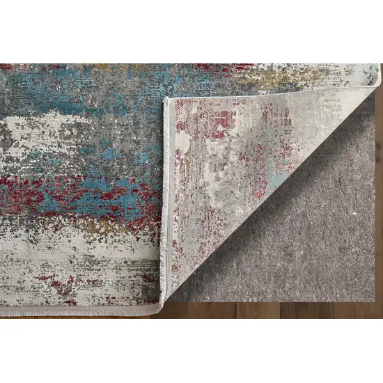 10' Gray Blue and Red Abstract Power Loom Runner Rug With Fringe Photo 4