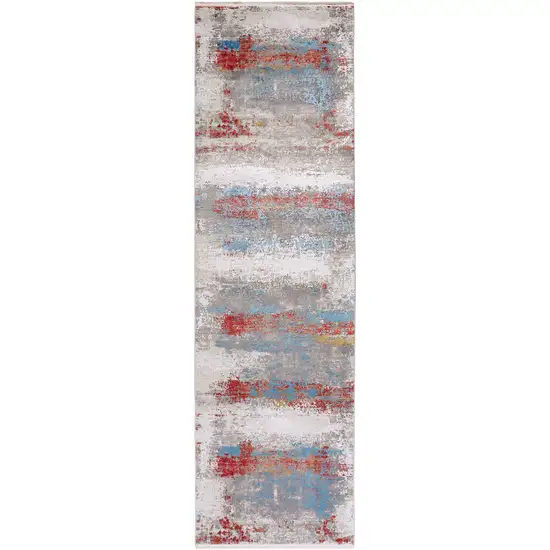 10' Gray Blue and Red Abstract Power Loom Runner Rug With Fringe Photo 2