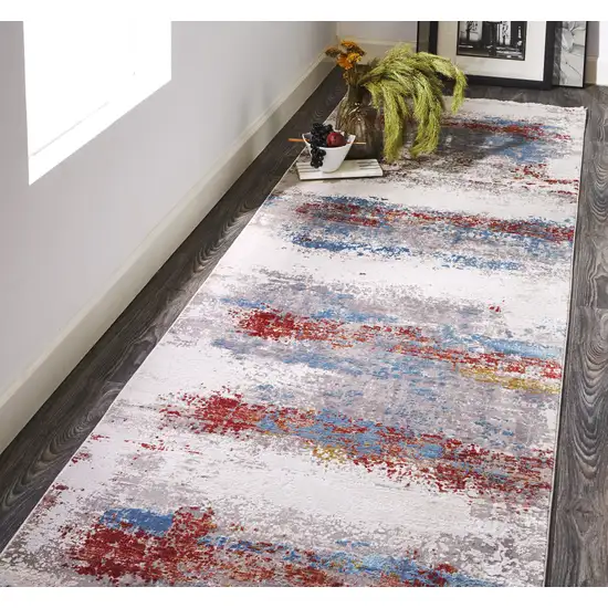 10' Gray Blue and Red Abstract Power Loom Runner Rug With Fringe Photo 6