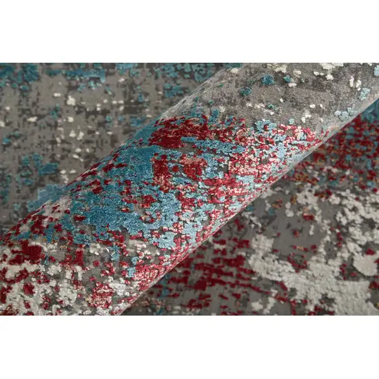 10' Gray Blue and Red Abstract Power Loom Runner Rug With Fringe Photo 7