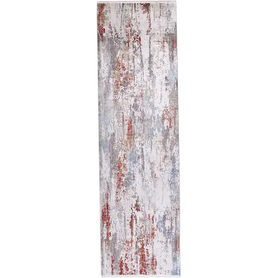 10' Gray Blue and Red Abstract Power Loom Runner Rug With Fringe Photo 2