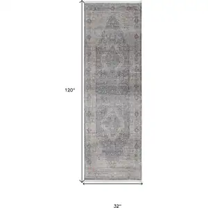 Photo of 10' Gray Blue and Red Oriental Power Loom Runner Rug With Fringe