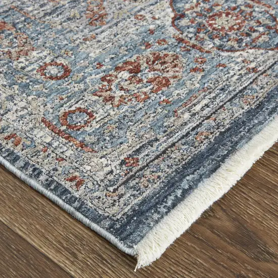 8' Gray Blue and Red Oriental Power Loom Worn Faded Runner Rug With Fringe Photo 4