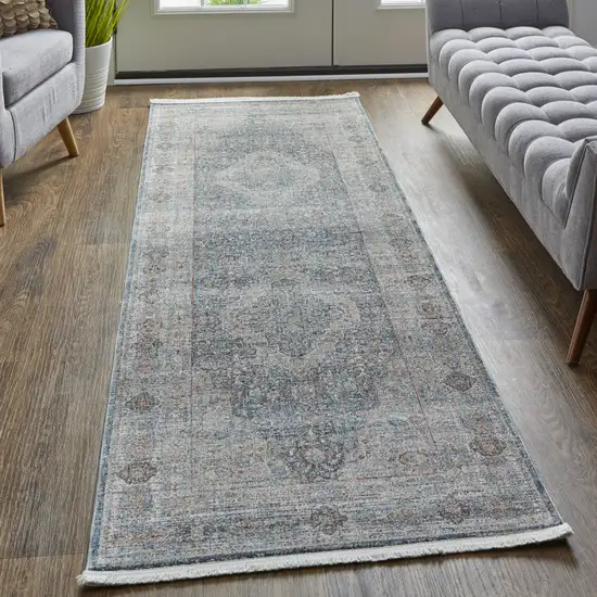 12' Gray Blue and Red Oriental Power Loom Worn Faded Runner Rug With Fringe Photo 6