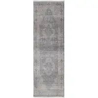 Photo of 12' Gray Blue and Red Oriental Power Loom Worn Faded Runner Rug With Fringe