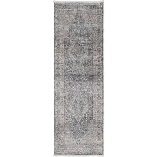 12' Gray Blue and Red Oriental Power Loom Worn Faded Runner Rug With Fringe Photo 2