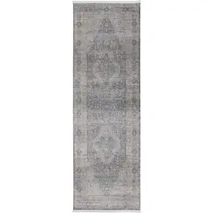 Photo of 12' Gray Blue and Red Oriental Power Loom Worn Faded Runner Rug With Fringe