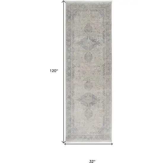 10' Gray Blue and Taupe Oriental Power Loom Runner Rug With Fringe Photo 3