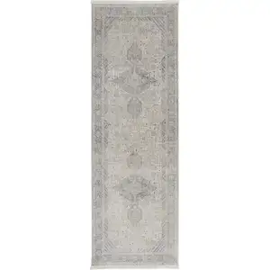 Photo of 10' Gray Blue and Taupe Oriental Power Loom Runner Rug With Fringe