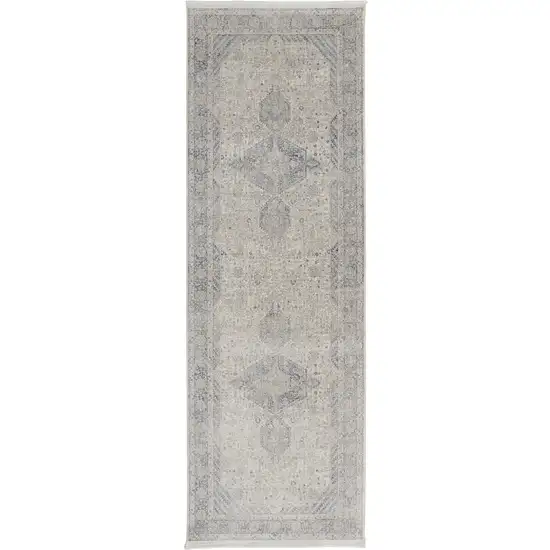 10' Gray Blue and Taupe Oriental Power Loom Runner Rug With Fringe Photo 2